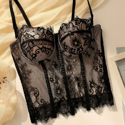 Gothic Floral Lace Women's Overbust Boned Corset Top with Sheer Mesh