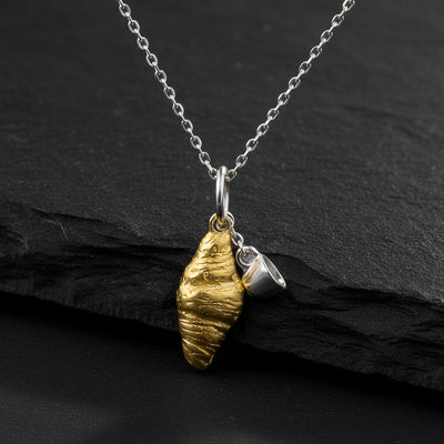 S925 Silver Two Tone 3D Gold Croissant & Tea Cup Women's Pendant Charm - Lovez Aqua© - 