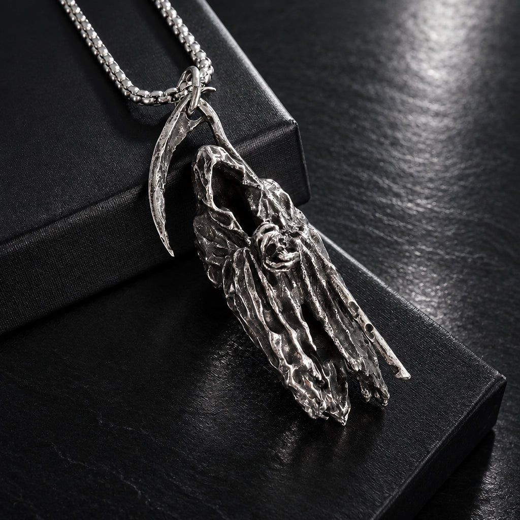 men’s grim reaper necklace, stainless steel grim reaper pendant, grim reaper scythe necklace, Gothic necklace for men, men’s skeleton pendant necklace, memento mori necklace men, stainless steel scythe pendant, Gothic reaper jewelry, hooded grim reaper necklace, men’s death pendant, antique silver grim reaper pendant, box chain Gothic necklace