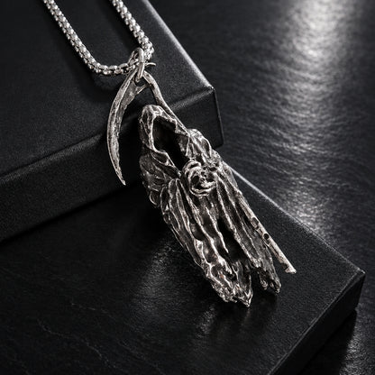 men’s grim reaper necklace, stainless steel grim reaper pendant, grim reaper scythe necklace, Gothic necklace for men, men’s skeleton pendant necklace, memento mori necklace men, stainless steel scythe pendant, Gothic reaper jewelry, hooded grim reaper necklace, men’s death pendant, antique silver grim reaper pendant, box chain Gothic necklace