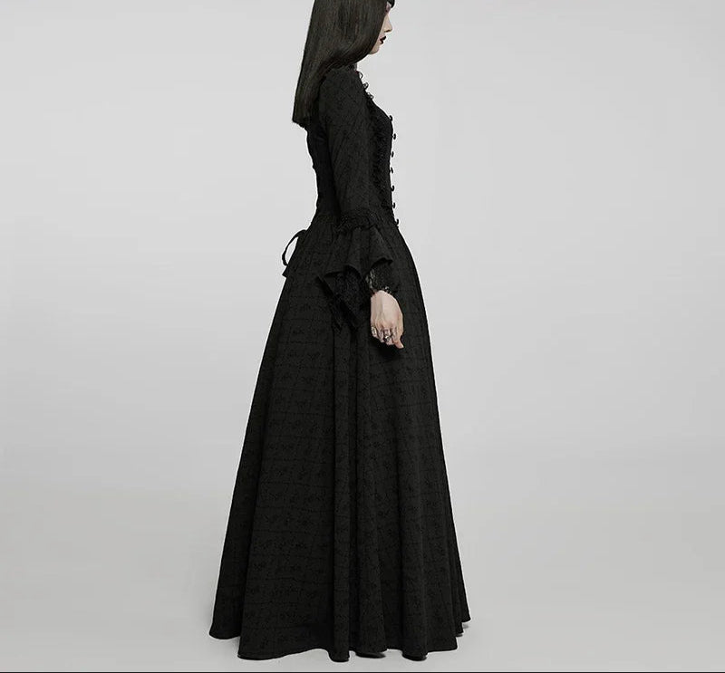 Victorian Roses & Thorns Embroidered Black Jacquard Gothic Nobility Gown with Flared Lace Sleeves