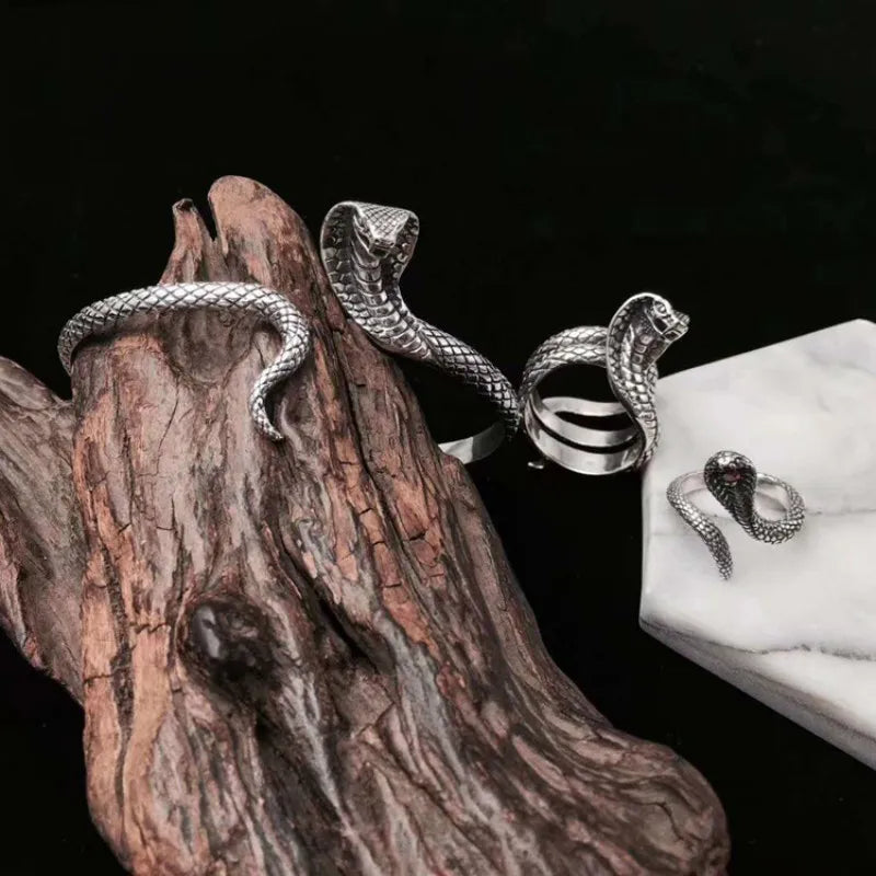 S925 Sterling Silver Punk Goth King Cobra Snake Unisex Cuff Bangle or Ring - Lovez Aqua© - 