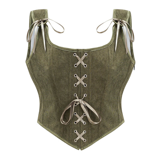 Vintage Renaissance Cottagecore Lace-Up Overbust Corset Top with Satin Ribbon