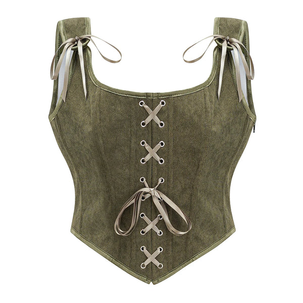 Vintage Renaissance Cottagecore Lace-Up Overbust Corset Top with Satin Ribbon