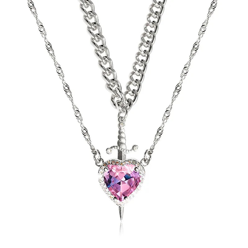 Romantic Heart & Sword Zircon Gothic Fantasy Matching Couple Necklaces
