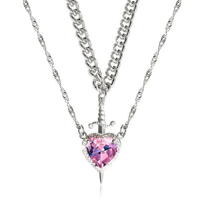 Romantic Heart & Sword Zircon Gothic Fantasy Matching Couple Necklaces