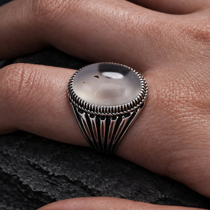 Men’s 925 Sterling Silver Natural Agate Signet Ring | Vintage Oval Cabochon