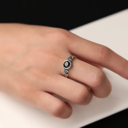 Vintage S925 Sterling Silver Black Spinel Women's Natural Gemstone Ring