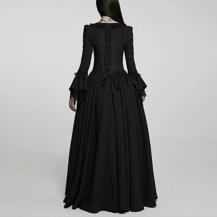 Victorian Roses & Thorns Embroidered Black Jacquard Gothic Nobility Gown with Flared Lace Sleeves