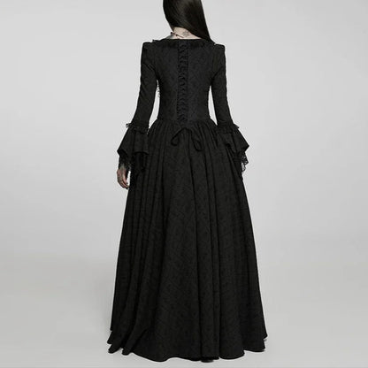Victorian Roses & Thorns Embroidered Black Jacquard Gothic Nobility Gown with Flared Lace Sleeves