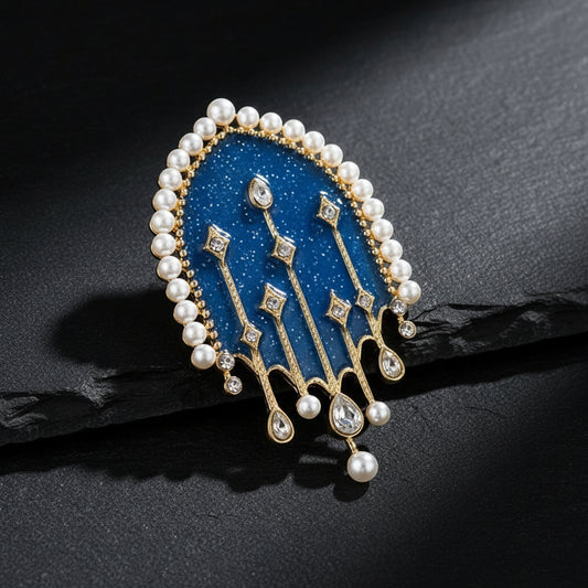 Celestial Night Sky Women's Enamel Brooch with Pearl Studded Arch Window