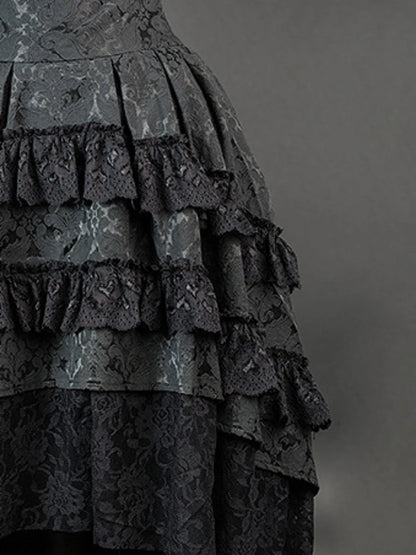 Victorian Gothic High-Low Women's Black Tiered Layered Jacquard Lace Corset Skirt