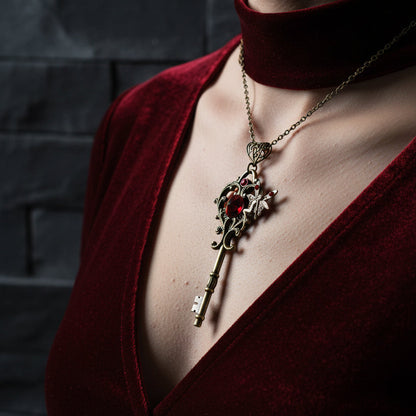 Women’s Vintage Fairy Key Pendant Necklace | Red Zircon Butterfly Charm