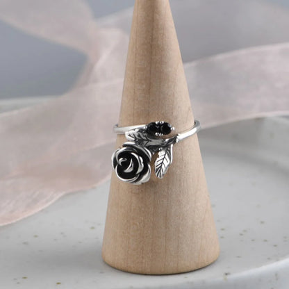 S925 Sterling Silver Vintage Rose Adjustable Women's Ring with Black Zircon