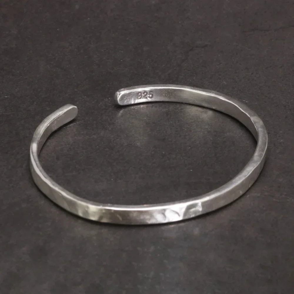 Men's S925 Sterling Silver Hammered Polished Cuff Bangle