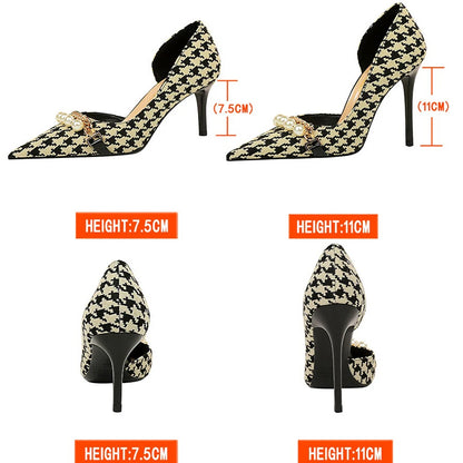 Vintage Plaid Checkered Women's Stiletto High Heels with Pearl & Chain Detail