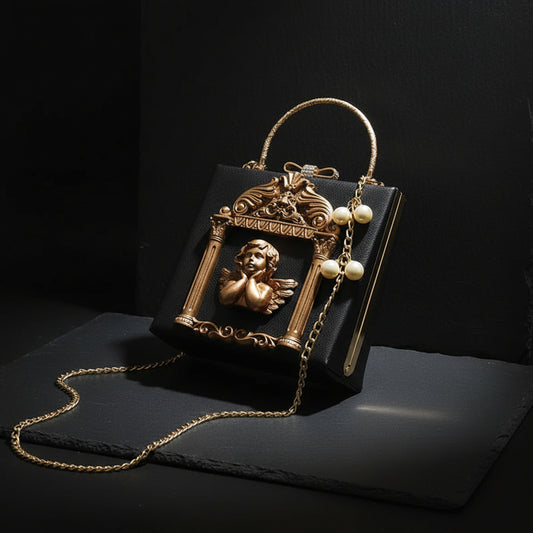 Luxury Cupid Angel Gilded Vintage Style Square Faux Leather Women's Handbag - Lovez Aqua© - 