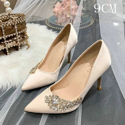 Satin Pointed Toe Bridal Wedding Thin High Heels with Side Rhinestones