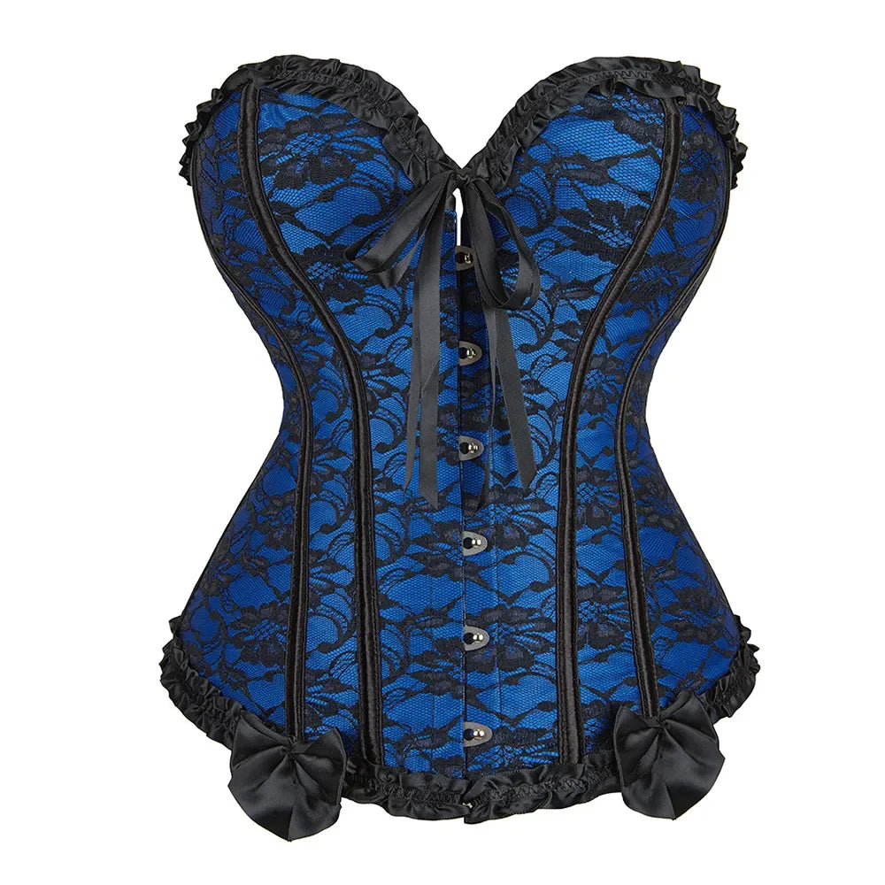Gothic Victorian Floral Jacquard Boned Bustier Corset Top with Satin Trim