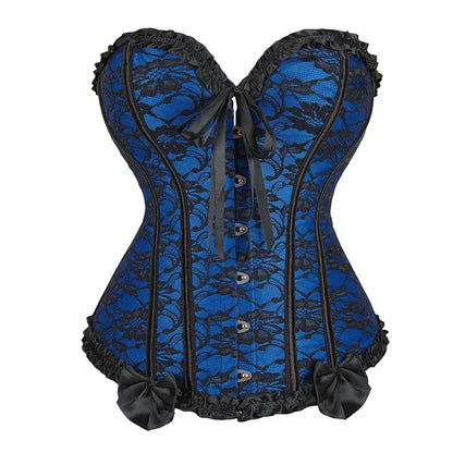 Gothic Victorian Floral Jacquard Boned Bustier Corset Top with Satin Trim