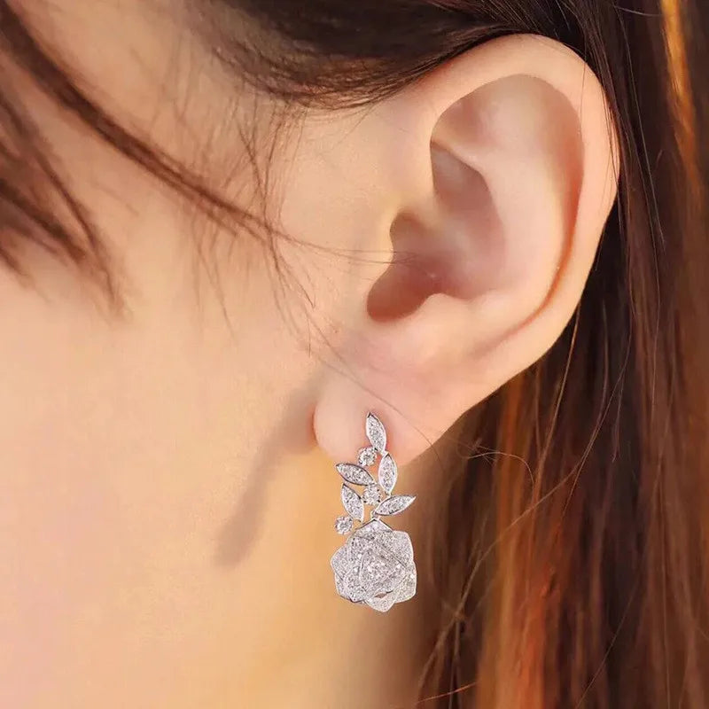 925 Sterling Silver Rose & Leaves Cubic Zirconia Women's Floral Drop Earrings