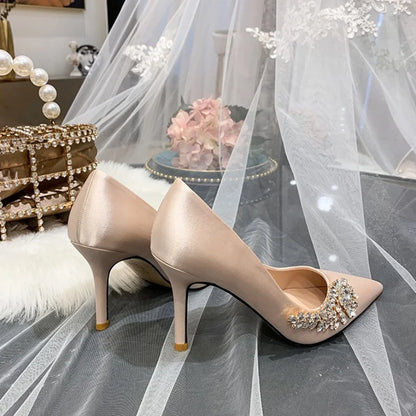 Satin Pointed Toe Bridal Wedding Thin High Heels with Side Rhinestones