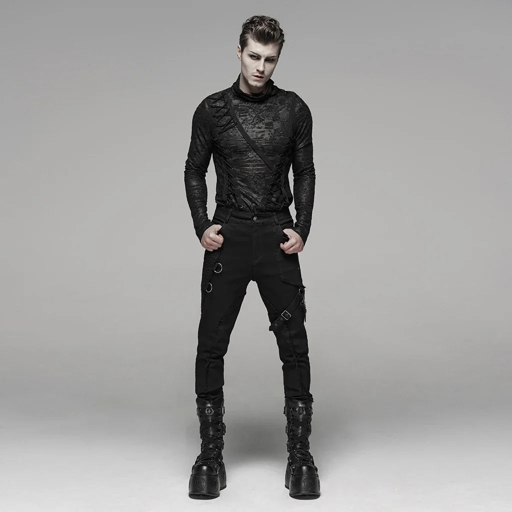 Chaos, Once Upon a Broken Heart, Men’s Gothic Trousers, Men’s Black Gothic Pants, Gothic Slim Fit Trousers, Black D-Ring Trousers, Men’s Strap Pants, Gothic Buckle Trousers, Men’s Alternative Fashion, Men’s Punk Trousers, Black Coated Pants, Men’s Slim Fit Pants, Gothic Hardware Pants, D-Ring Pants, Buckle Strap Pants, Men’s Gothic Clothing, Alternative Men’s Pants, Dark Fashion, Streetwear, Punk Fashion, Full Length Trousers, Men’s Mid Rise Pants, Gothic Outfit, Victorian Gothic Fashion, Dark Academia