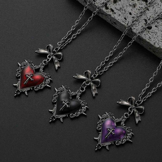 Women's Gothic Thorn Heart Cross Necklace with Silver Bow