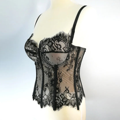 Gothic Floral Lace Women's Overbust Boned Corset Top with Sheer Mesh