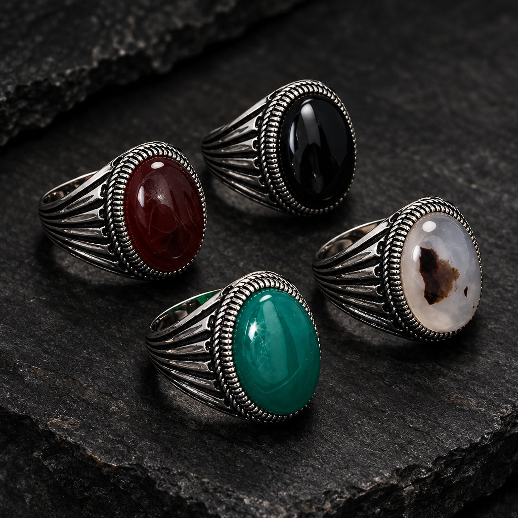 Men’s 925 Sterling Silver Natural Agate Signet Ring | Vintage Oval Cabochon