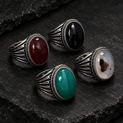 Men’s 925 Sterling Silver Natural Agate Signet Ring | Vintage Oval Cabochon