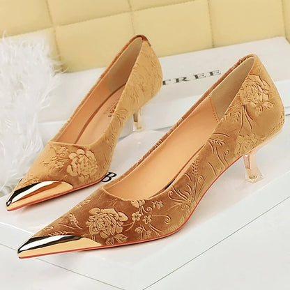 Luxury Women's Stiletto High Heels with Vintage Floral Embroidery & Metallic Pointed Toe