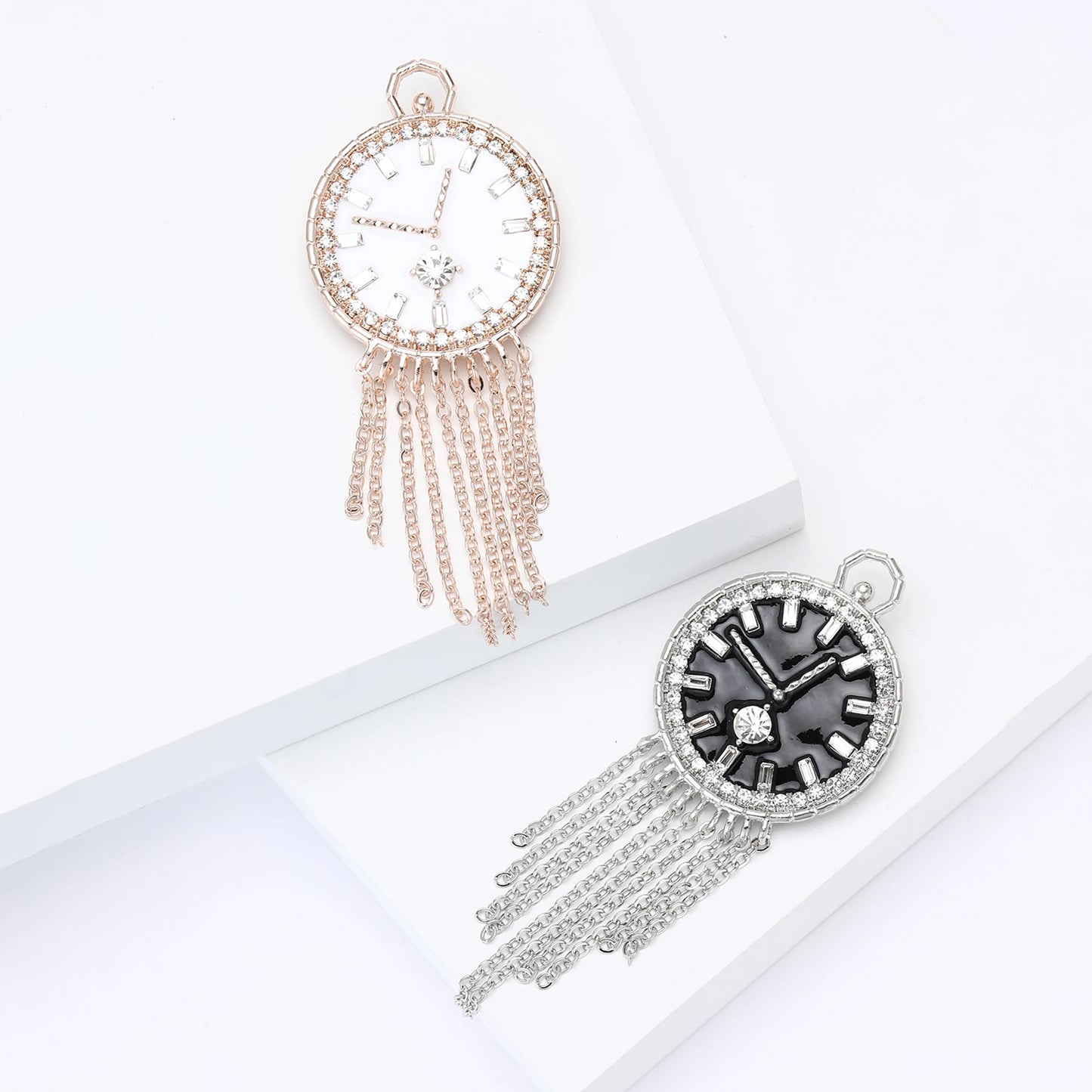 Vintage Rhinestone Clock Face Women's Tassel Brooch Pin