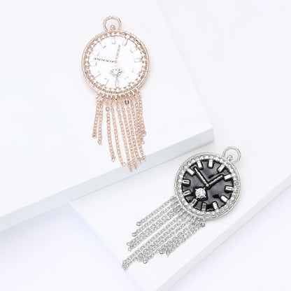Vintage Rhinestone Clock Face Women's Tassel Brooch Pin