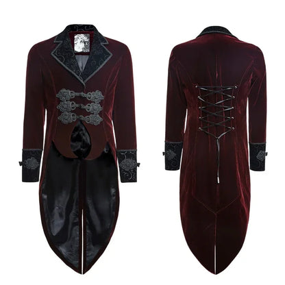 Men's Gothic Crimson Red & Black Embroidered Victorian Aristocrat Tailcoat Jacket
