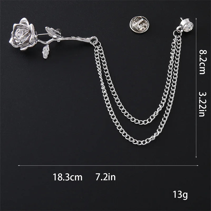 Men’s Ornate Fantasy Rose Rhinestone Chain Lapel Pin Brooch