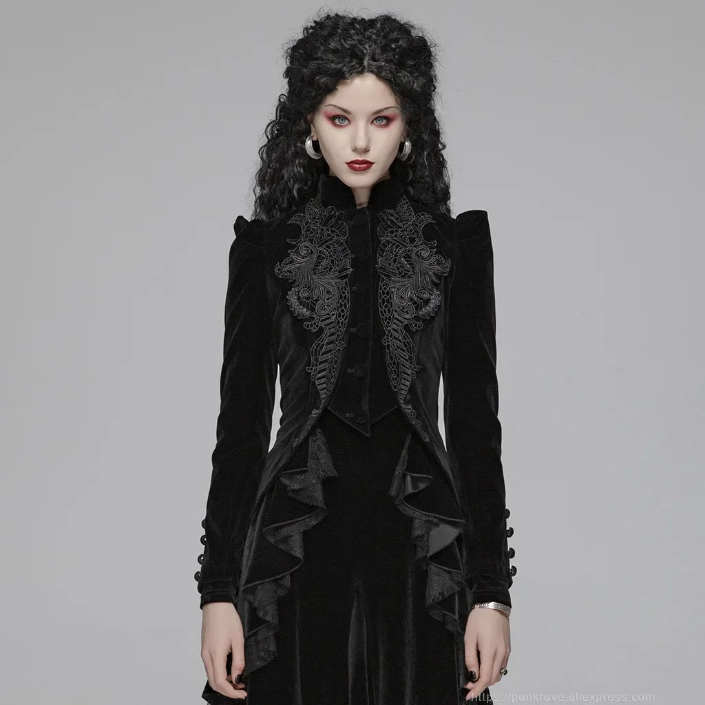 Women's Gothic Black Velvet Embroidered Victorian Short Jacket with Lace & Puffed Shoulders