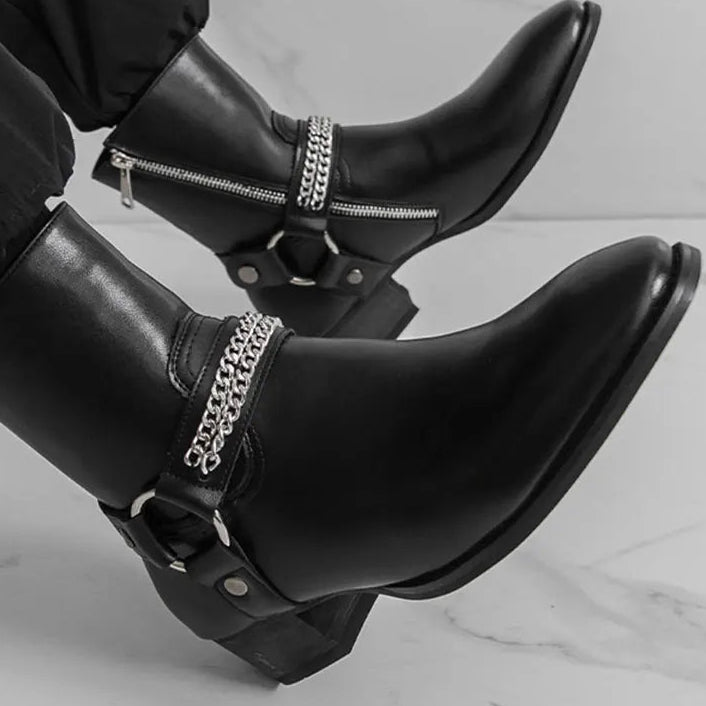 mens harness boots, men's harness boots, chain harness boots, black harness boots, harness ankle boots, mens ankle boots, men's ankle boots, black ankle boots men, mens black boots, men's black boots, O ring boots, O-ring harness boots, chain boots men, side zip boots, zip ankle boots, gothic mens boots, gothic boots men, western ankle boots, western inspired boots, biker ankle boots, moto boots men, alternative mens shoes, dark romantic fashion, vintage inspired menswear, gothic menswear