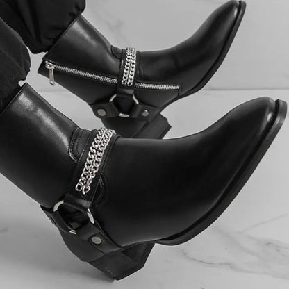 mens harness boots, men's harness boots, chain harness boots, black harness boots, harness ankle boots, mens ankle boots, men's ankle boots, black ankle boots men, mens black boots, men's black boots, O ring boots, O-ring harness boots, chain boots men, side zip boots, zip ankle boots, gothic mens boots, gothic boots men, western ankle boots, western inspired boots, biker ankle boots, moto boots men, alternative mens shoes, dark romantic fashion, vintage inspired menswear, gothic menswear