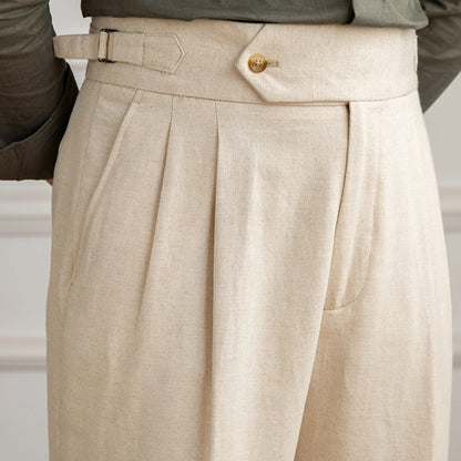 men's linen trousers, linen cotton trousers, pleated trousers, double pleated trousers, men's tapered trousers, tailored trousers, vintage trousers, vintage menswear, men's tailored pants, linen pants men, cotton linen pants, pleated pants men, tapered pants men, classic trousers, heritage menswear, romantic menswear, old world clothing, vintage inspired clothing, neutral trousers, beige trousers, cream trousers, men's dress trousers, smart casual trousers, extended waistband trousers, cuffed trousers