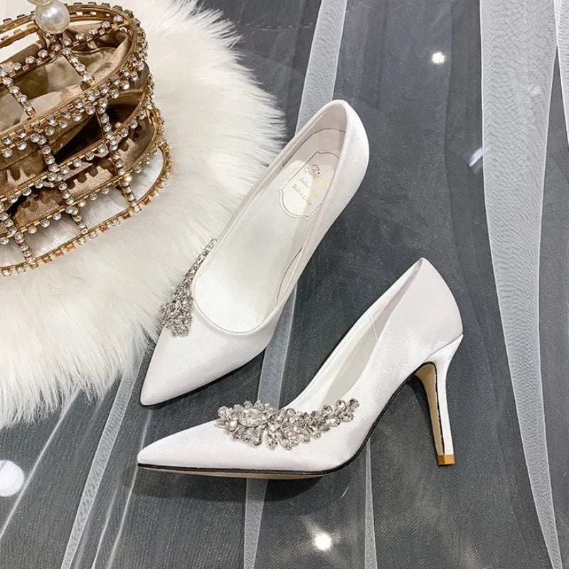 Satin Pointed Toe Bridal Wedding Thin High Heels with Side Rhinestones