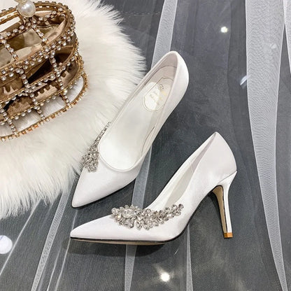 Satin Pointed Toe Bridal Wedding Thin High Heels with Side Rhinestones