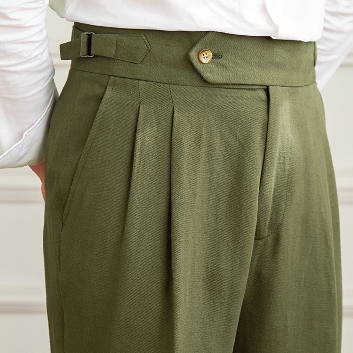 men's linen trousers, linen cotton trousers, pleated trousers, double pleated trousers, men's tapered trousers, tailored trousers, vintage trousers, vintage menswear, men's tailored pants, linen pants men, cotton linen pants, pleated pants men, tapered pants men, classic trousers, heritage menswear, romantic menswear, old world clothing, vintage inspired clothing, neutral trousers, beige trousers, cream trousers, men's dress trousers, smart casual trousers, extended waistband trousers, cuffed trousers