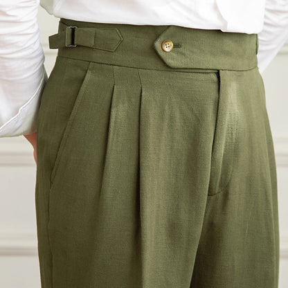men's linen trousers, linen cotton trousers, pleated trousers, double pleated trousers, men's tapered trousers, tailored trousers, vintage trousers, vintage menswear, men's tailored pants, linen pants men, cotton linen pants, pleated pants men, tapered pants men, classic trousers, heritage menswear, romantic menswear, old world clothing, vintage inspired clothing, neutral trousers, beige trousers, cream trousers, men's dress trousers, smart casual trousers, extended waistband trousers, cuffed trousers