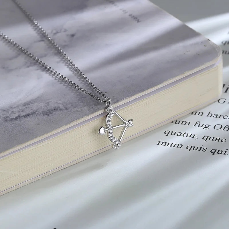 Women's Silver Cupid's Bow & Arrow Love Necklace with Cubic Zirconia - Lovez Aqua© - 