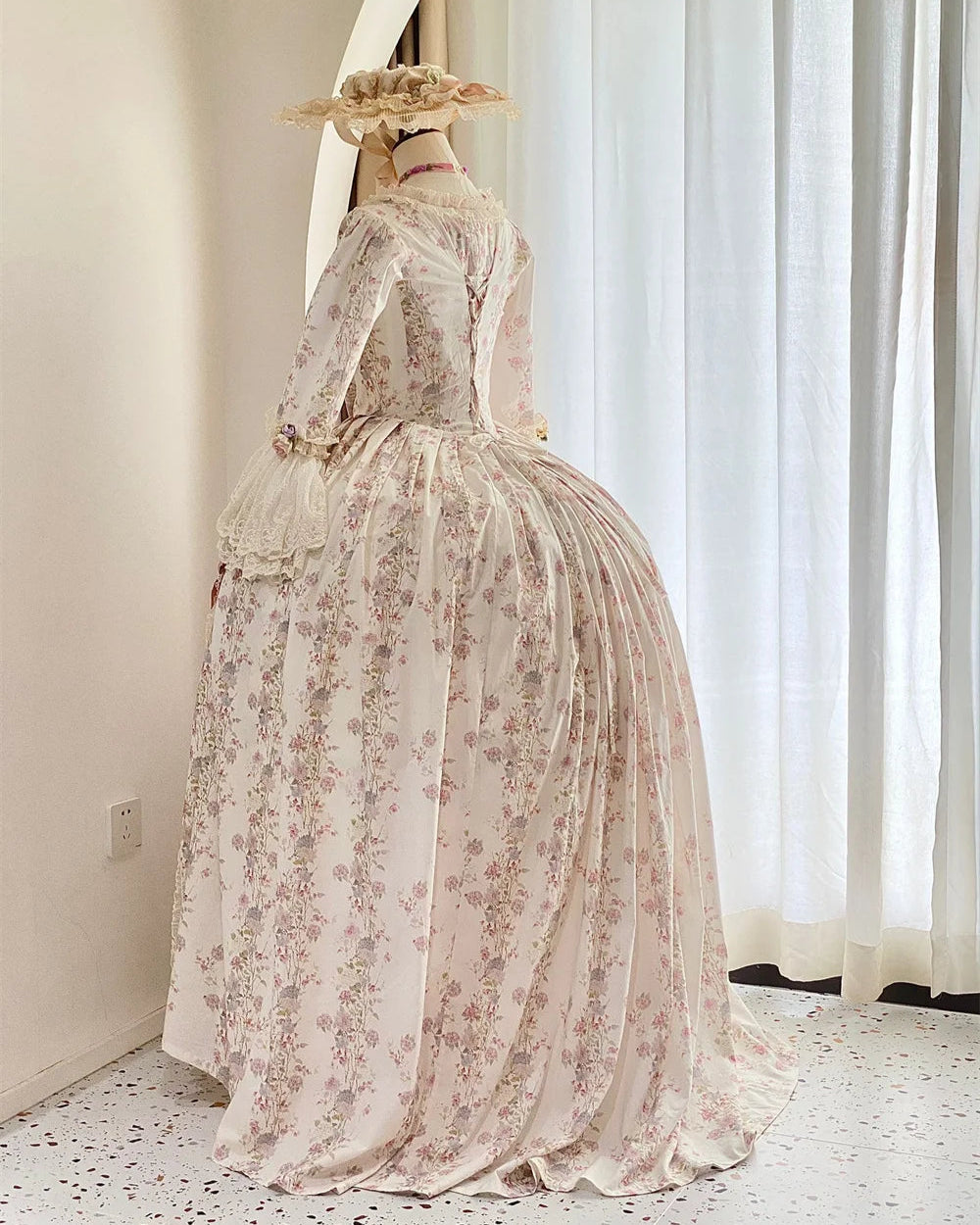 White & Pink Floral Rococo Court Dress 18th Century Inspired Ball Gown with Lace Flared Sleeves