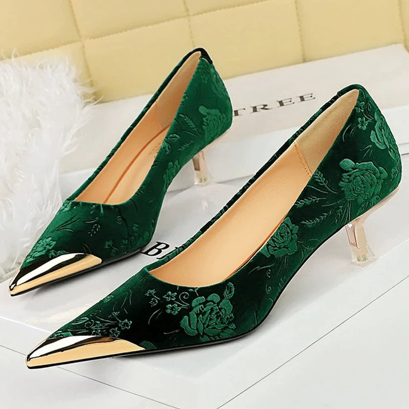 Luxury Women's Stiletto High Heels with Vintage Floral Embroidery & Metallic Pointed Toe