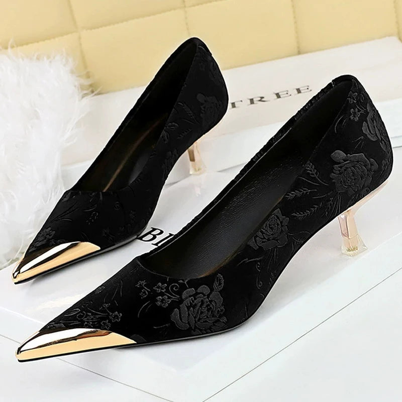 Luxury Women's Stiletto High Heels with Vintage Floral Embroidery & Metallic Pointed Toe
