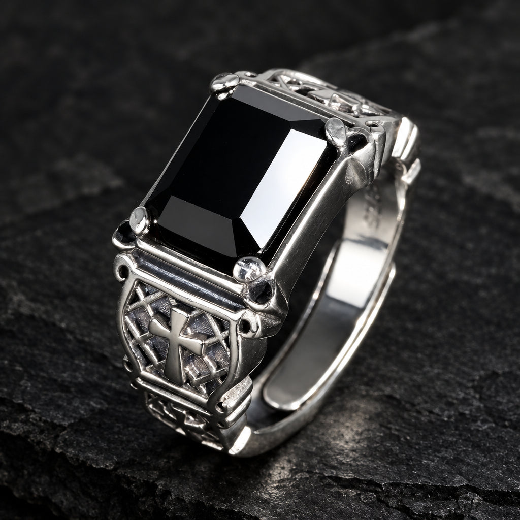 men’s black agate ring, black agate ring men, men’s agate ring, 925 sterling silver ring, sterling silver ring men, men’s signet ring, black agate signet ring, Gothic signet ring, Gothic ring men, Gothic cross ring, men’s cross ring, sterling silver signet ring, medieval ring men, medieval cross ring, adjustable men’s ring, adjustable silver ring, black gemstone ring, men’s Gothic jewelry, vintage signet ring, ornate silver ring, Gothic jewelry men, medieval jewelry men