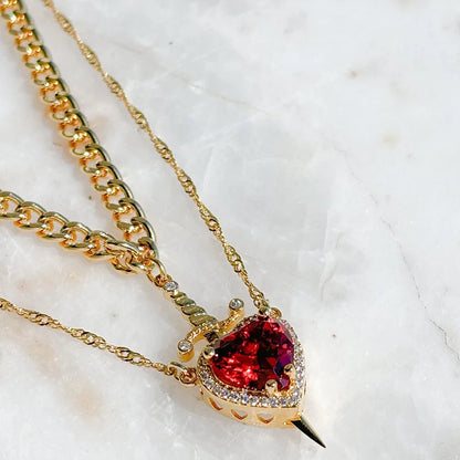 Romantic Heart & Sword Zircon Gothic Fantasy Matching Couple Necklaces